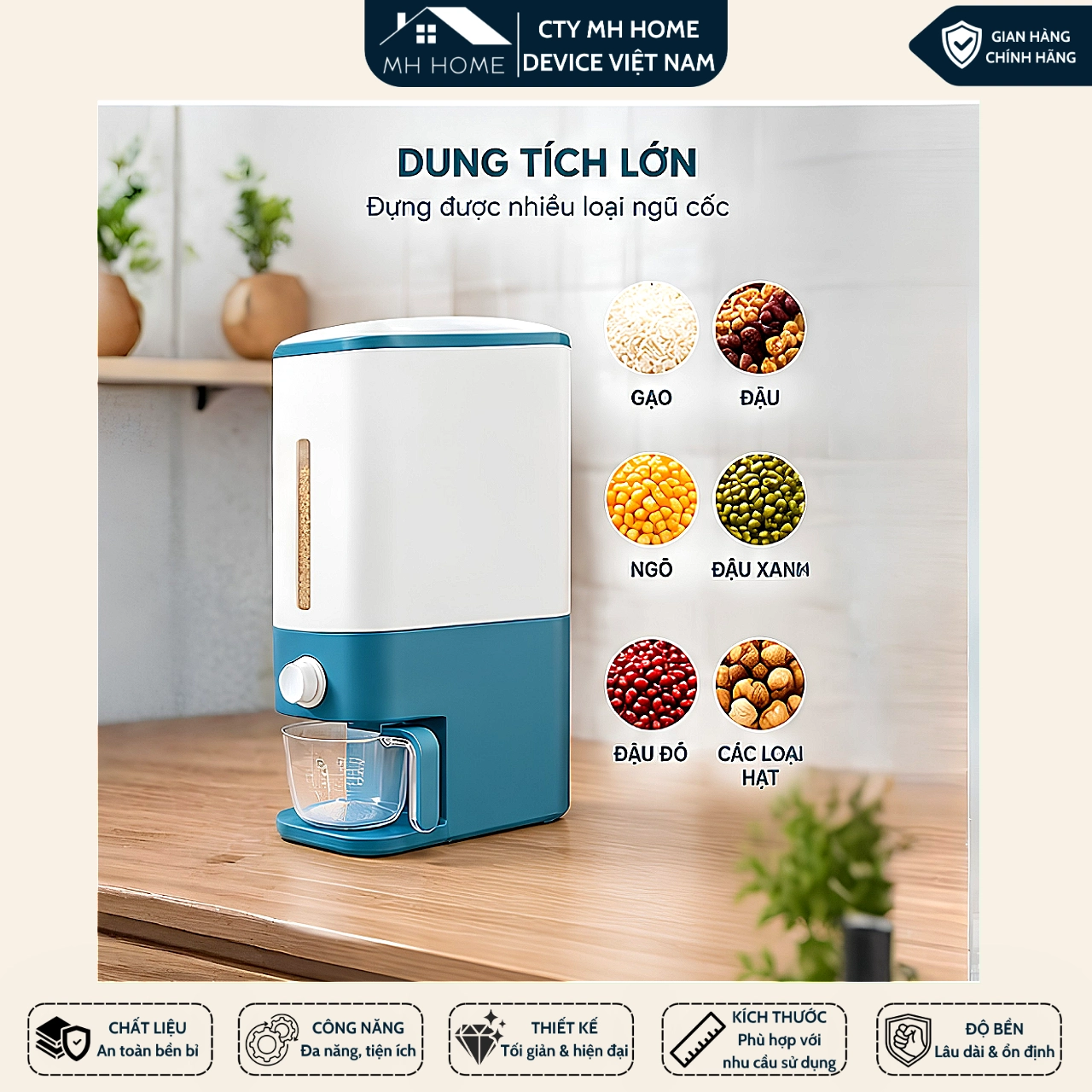 Thùng Gạo Thông Minh MH Home Nhựa PP, Thiết Kế Nhấn Nút Lấy Gạo, Kèm Cốc Đong, Gọn Gàng Tiện Lợi GD